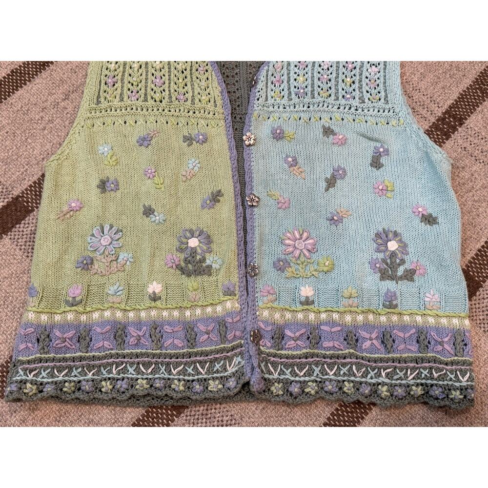 Sigrid Olsen Sport Knit Sweater Vest Granny Core Floral Green Blue Large Cottage - Picture 2 of 8